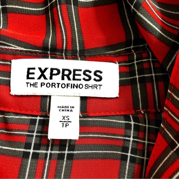 Express Red Black Tartan Plaid Portofino Button Front Blouse Notched V Neck - Picture 5 of 16